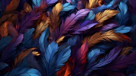 Seamless pattern with feathers. Multicolored feathers on a dark background.の素材