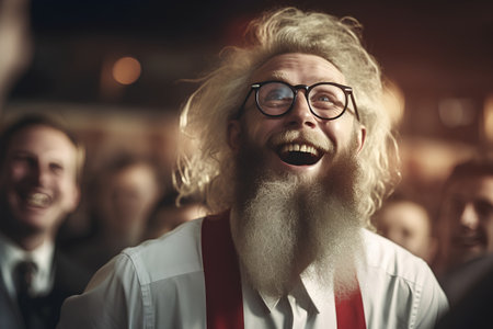 Cheerful senior man with long beard and glasses in a pubの素材