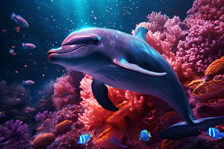 Dolphin swims in the ocean. 3d render illustration.の素材