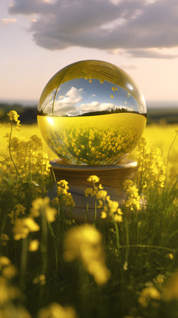 Glass globe with reflection of rapeseed field and clouds in it.の素材