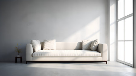 Interior of a modern living room with a large window and a white sofaの素材