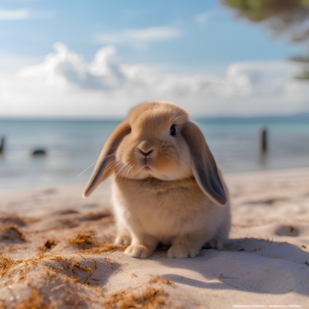 Cute little rabbit on the beach with blue sky and clouds backgroundの素材