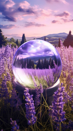 Crystal ball with lavender field in the background. 3d renderの素材