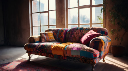 Sofa with colorful pillows in the living room at homeの素材