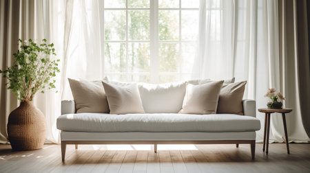 Modern living room interior with sofa, pillows and plant. 3d renderの素材