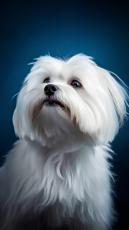 Portrait of a Maltese dog on a dark blue background.の素材