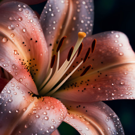 Beautiful lily flower with dew drops on petals closeupの素材