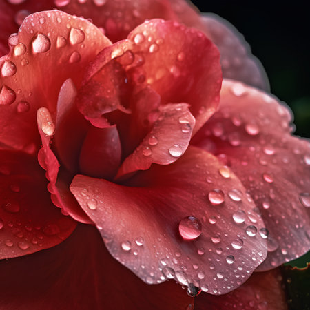 Beautiful red camellia flower with dew drops close upの素材