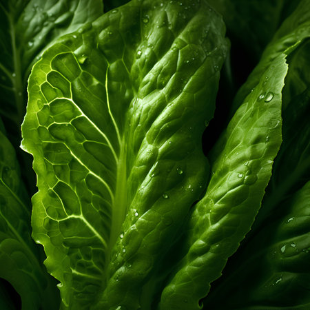 Closeup of fresh green lettuce leaves with water droplets. Healthy food background.の素材