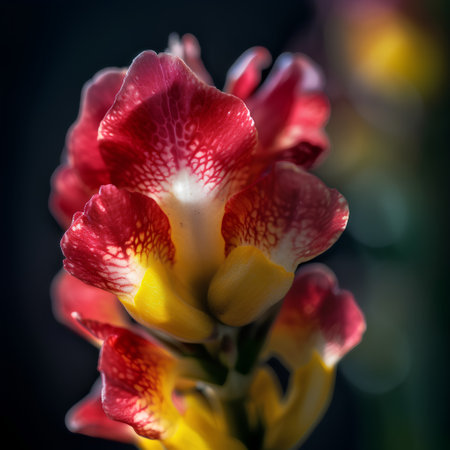 Beautiful red and yellow freesia flower on dark background.の素材
