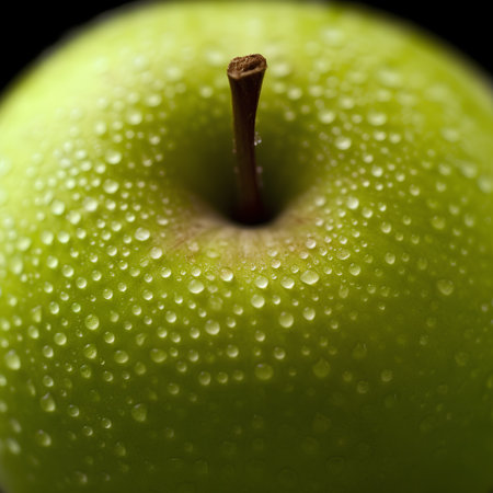 Green apple with water drops on a black background. Macro photo.の素材