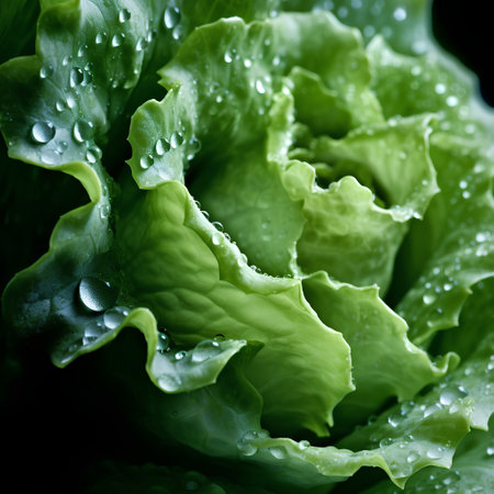Close up of fresh green lettuce with dew drops. Selective focus.の素材