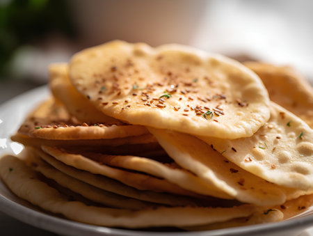Close up of a stack of flatbreads on a plate.の素材