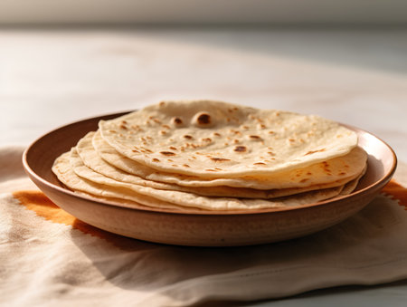 Bowl with tasty flatbread on table, closeup. Space for textの素材