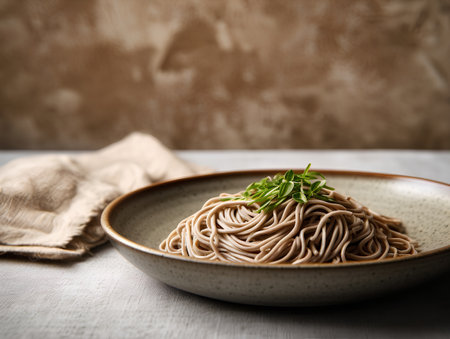 Japanese buckwheat soba noodles with fresh herbs in a ceramic plate on a rustic backgroundの素材
