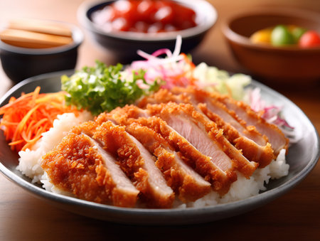 Rice with fried pork - japanese food style on wooden backgroundの素材