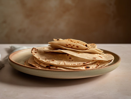 Stack of thin pancakes on a plate on a marble background. Toned.の素材