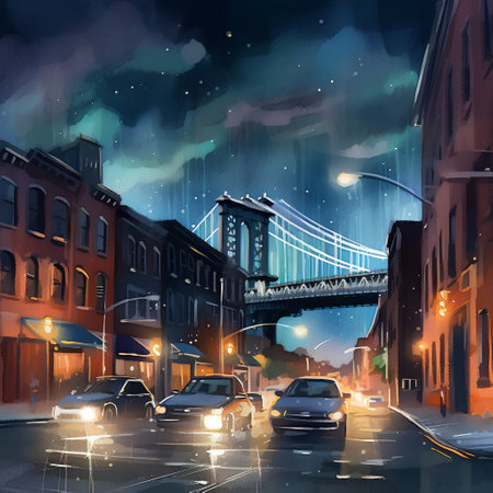 Illustration of the Brooklyn Bridge in New York City at night.の素材