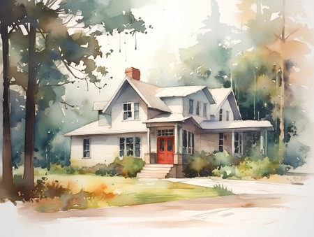 Watercolor painting of a house in the woods. Illustration.の素材