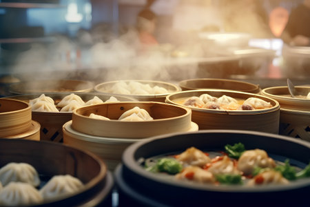 Chinese steamed dumplings in dim sum restaurant, selective focusの素材