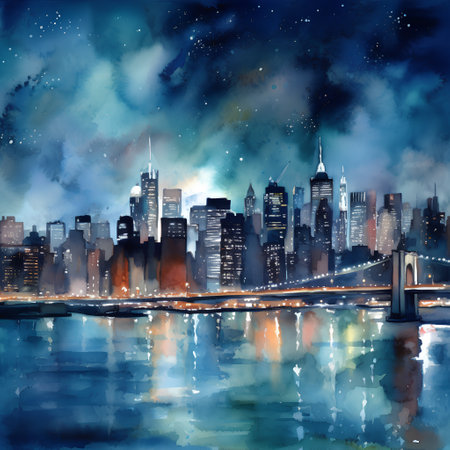 New York City Manhattan skyline at night. Watercolor painting illustration.の素材