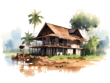 Watercolor hand drawn illustration of traditional wooden house on tropical island.の素材