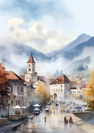 Brasov, Brasov, Transylvania, Romania. Digital watercolor paintingの素材