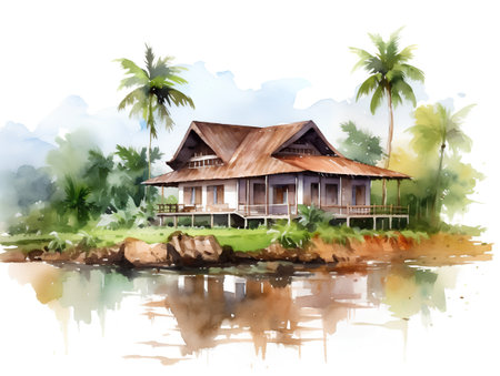 Watercolor illustration of a wooden house on the bank of the river.の素材