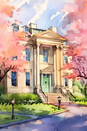 Watercolor illustration of the facade of an old school building in the cityの素材