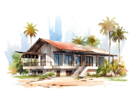 Watercolor illustration of tropical house on the beach with palm trees.の素材