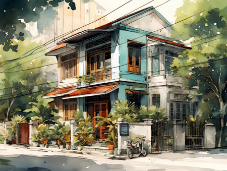 Sketch of old building in Bangkok, Thailand. Watercolor paintingの素材
