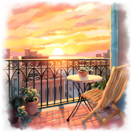 Sunset on the balcony with a table and chairs. Digital painting.の素材