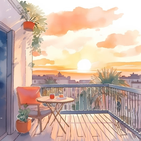Illustration of a balcony with a view of the sea at sunsetの素材