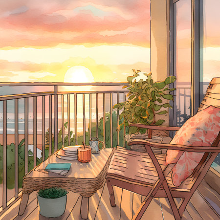 Sunset on the terrace of the house. Watercolor illustrationの素材