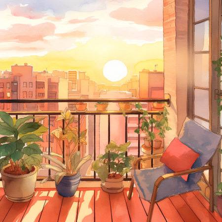 View from the balcony to the city. Watercolor illustration of a cozy balcony.の素材