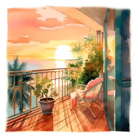Balcony overlooking the sea at sunset. Hand drawn watercolor illustration.の素材