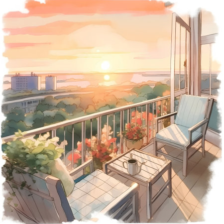 Sunset on the terrace of the house. Illustration.の素材