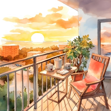 Illustration of a terrace with a view of the city.の素材