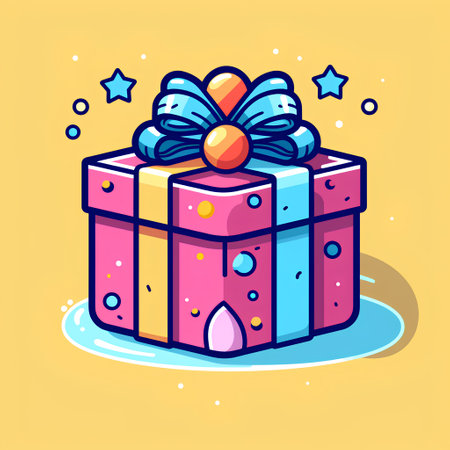 Gift box with bow and ribbon. Vector illustration in cartoon style.の素材