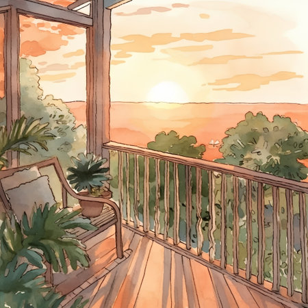 Balcony on the terrace at sunset. Watercolor illustrationの素材
