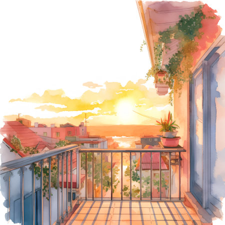 Sunset on the balcony of a residential house. Watercolor illustrationの素材