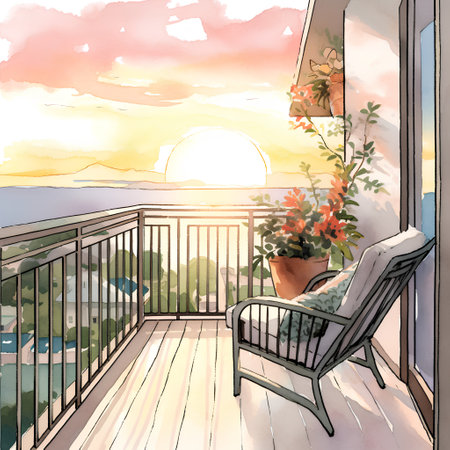 Beautiful view on the terrace. Watercolor hand drawn illustrationの素材