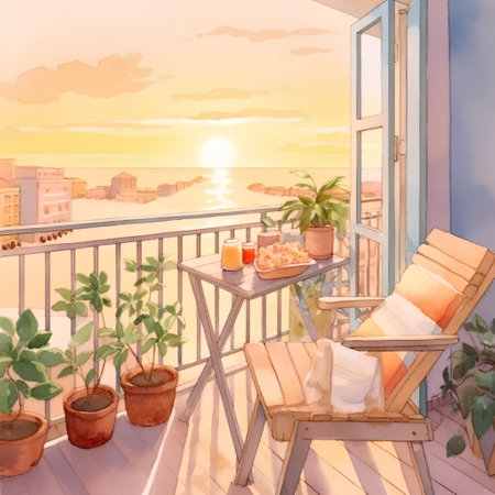 Balcony overlooking the sea at sunset. Vintage style illustration.の素材