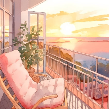 Illustration of a balcony with a view of the sea at sunsetの素材