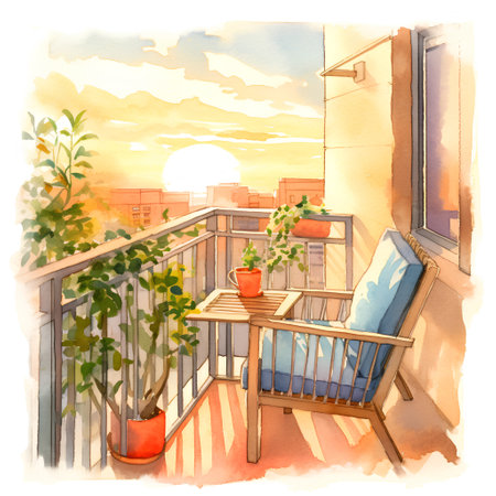 Watercolor illustration of a balcony with a view of the sunset.の素材