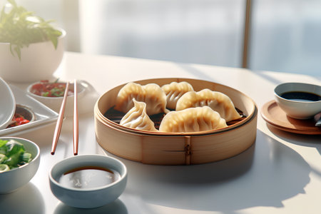 Chinese dumplings in a bamboo steamer on a white tableの素材