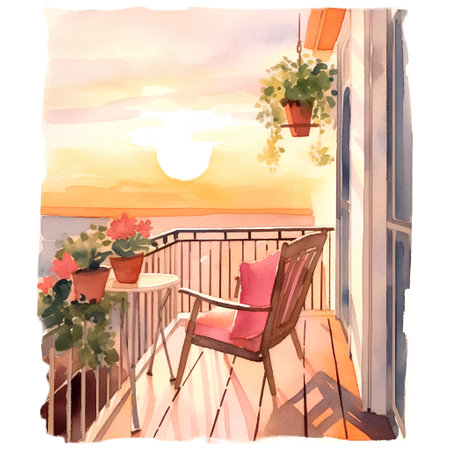 Beautiful terrace with a view on the sea. Watercolor illustrationの素材