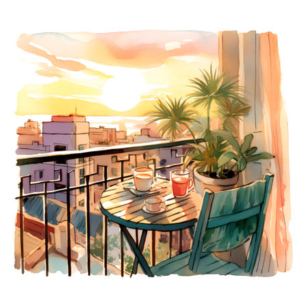 Watercolor terrace with table and chairs at sunset. Hand drawn illustrationの素材