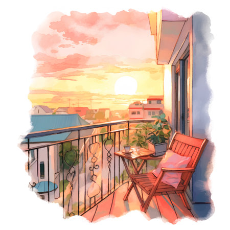 Beautiful view from the balcony on the sunset. Watercolor illustrationの素材