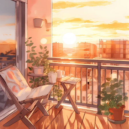 Illustration of a balcony with a view of the city and the sunsetの素材